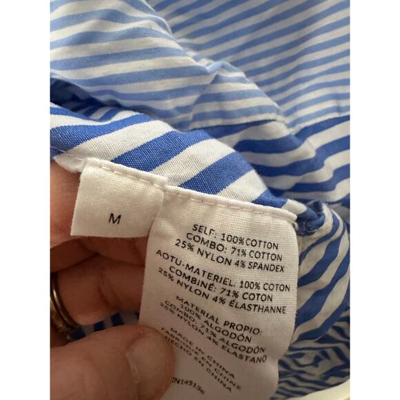 NAADAM Blue Cotton Asymmetrical Stripe Mix Button Up Long Sleeve Top Size Medium - Picture 9 of 12